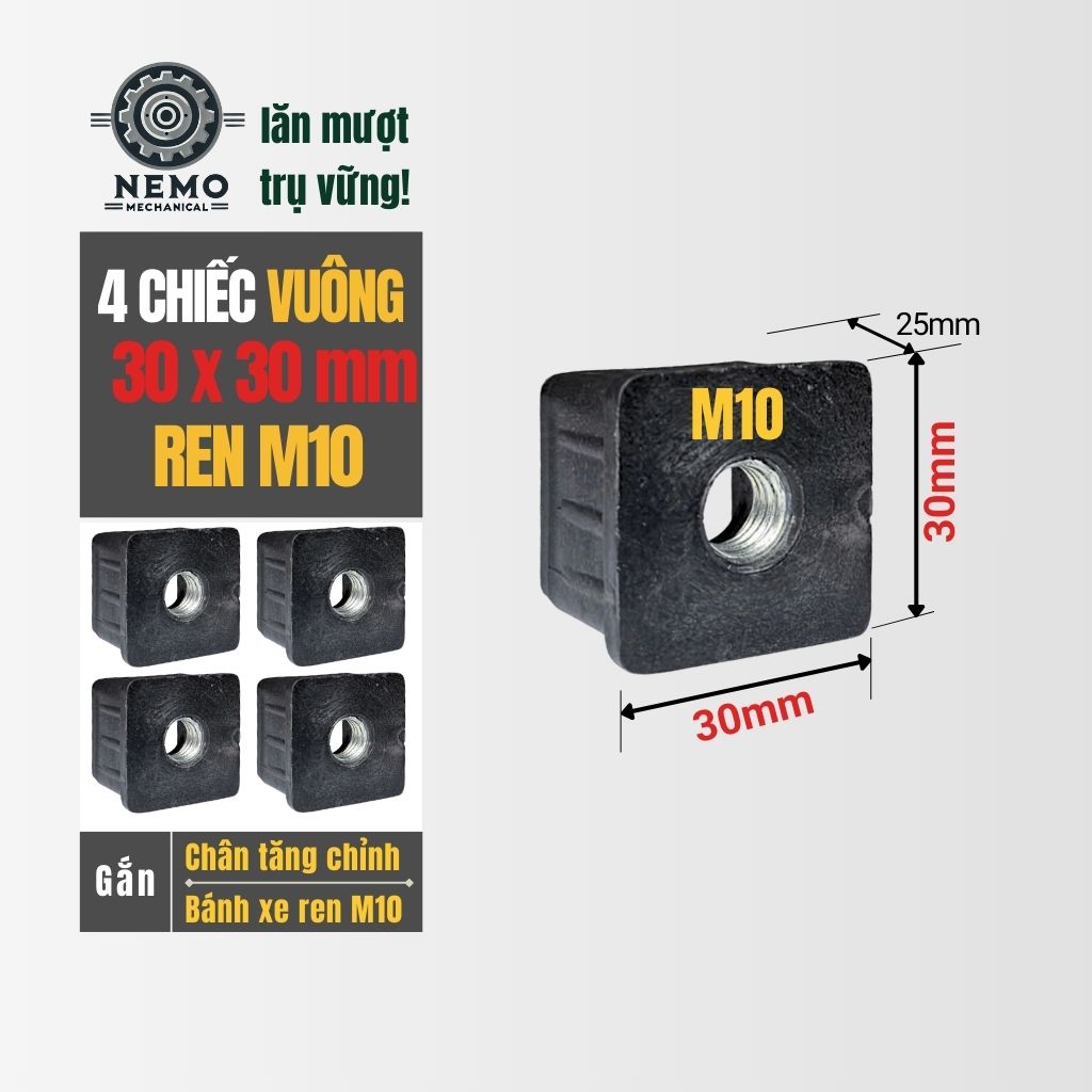 Nắp Chụp Thép Hộp Có Ren – Giải Pháp Lắp Chân Tăng Chỉnh & Bánh Xe Không Cần Hàn (M6, M8, M10)